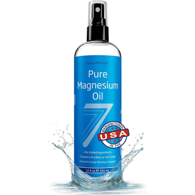 USP grade pure magnesium oil from ancient permian sea bed in a 12 oz spray bottle with a blue label 