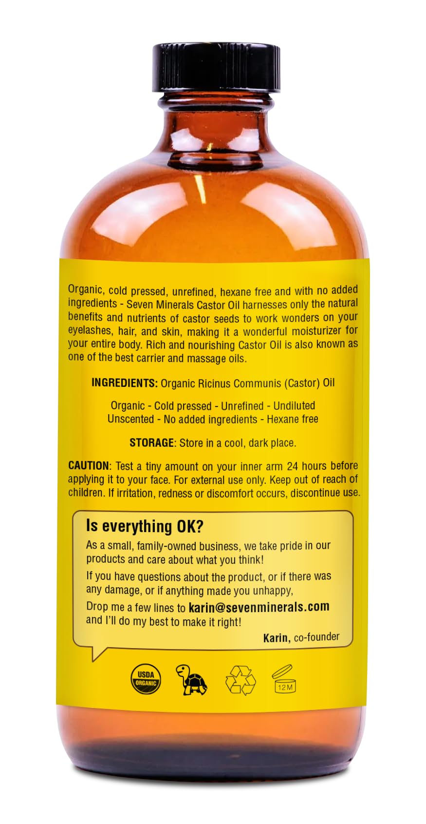 16oz Glass Bottle Castor Oil - USDA Organic - Cold Pressed - Unrefined - Hexane Free