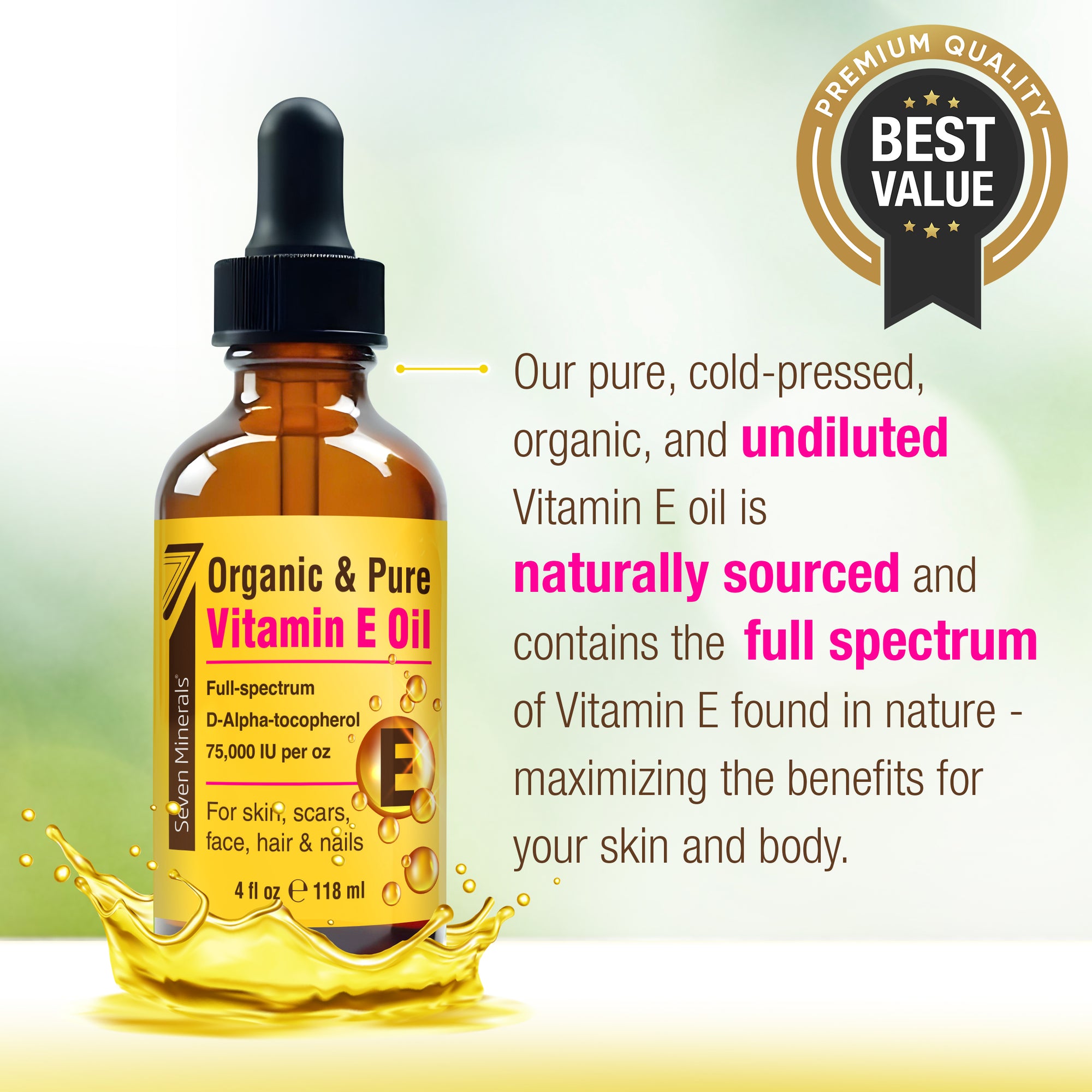 Ultra Pure Vitamin E Oil - 1 oz Pack of 3 | 75,000 IU Full-Spectrum D-Alpha Tocopherol for Skin & Hair | Seven Minerals Ultra Pure Vitamin E Oil - 1 oz Pack of 3 | 75,000 IU Full-Spectrum D-Alpha Tocopherol for Skin & Hair | Seven Minerals