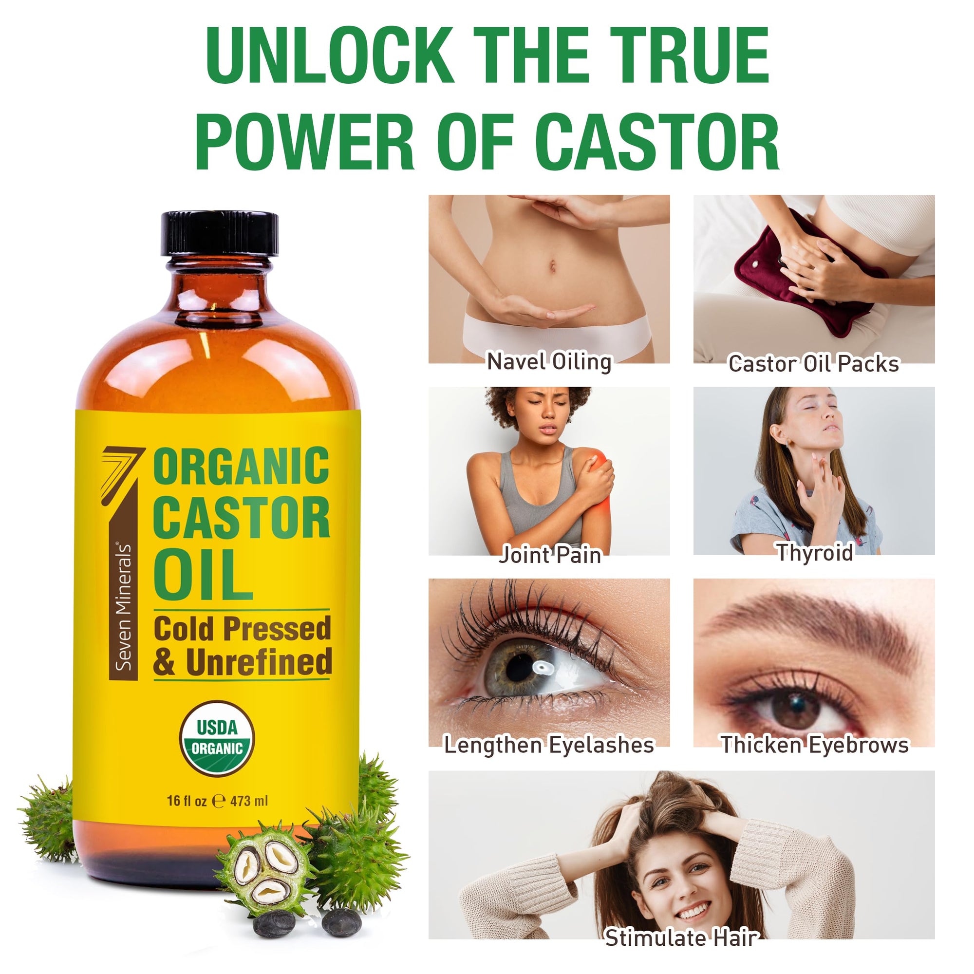 Glass Bottle Castor Oil 16 fl oz Organic Cold Pressed Unrefined Glass Bottle Pack - 100% Pure USDA Certified Organic Hexane Free