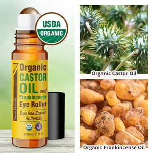 Eye Roller ingredients: organic castor oil and organic frankincense oil, USDA organic
