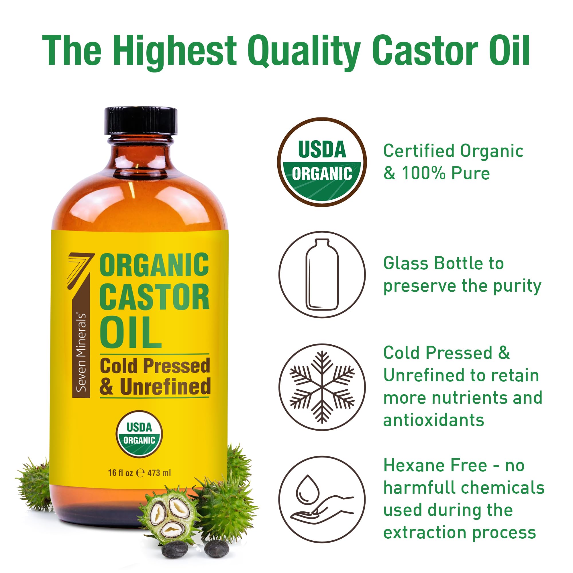 16oz Glass Bottle Castor Oil - USDA Organic - Cold Pressed - Unrefined - Hexane Free