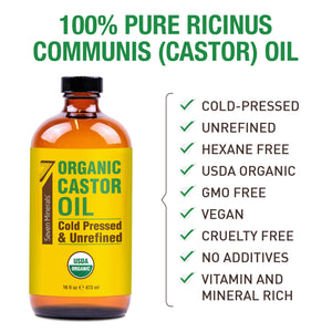 Seven Minerals Organic Castor Oil: cold-pressed, unrefined, hexane free, USDA organic, GMO free, vegan, cruelty free, no additives
