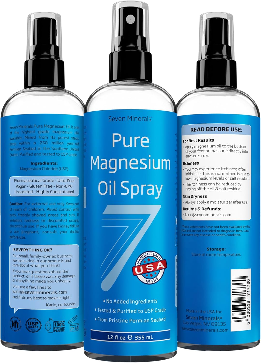 Seven MInerals USP grade magnesium oil from 250 million year old ancient permian sea bed for feet, sleep, stress, and pain