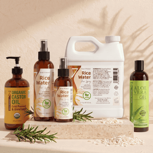 Rosemary Rice Water Hair Routine | 4oz Spray + 12oz Spray + 32oz Refill + 12oz Aloe Vera Gel + 16oz Castor Oil Bundle