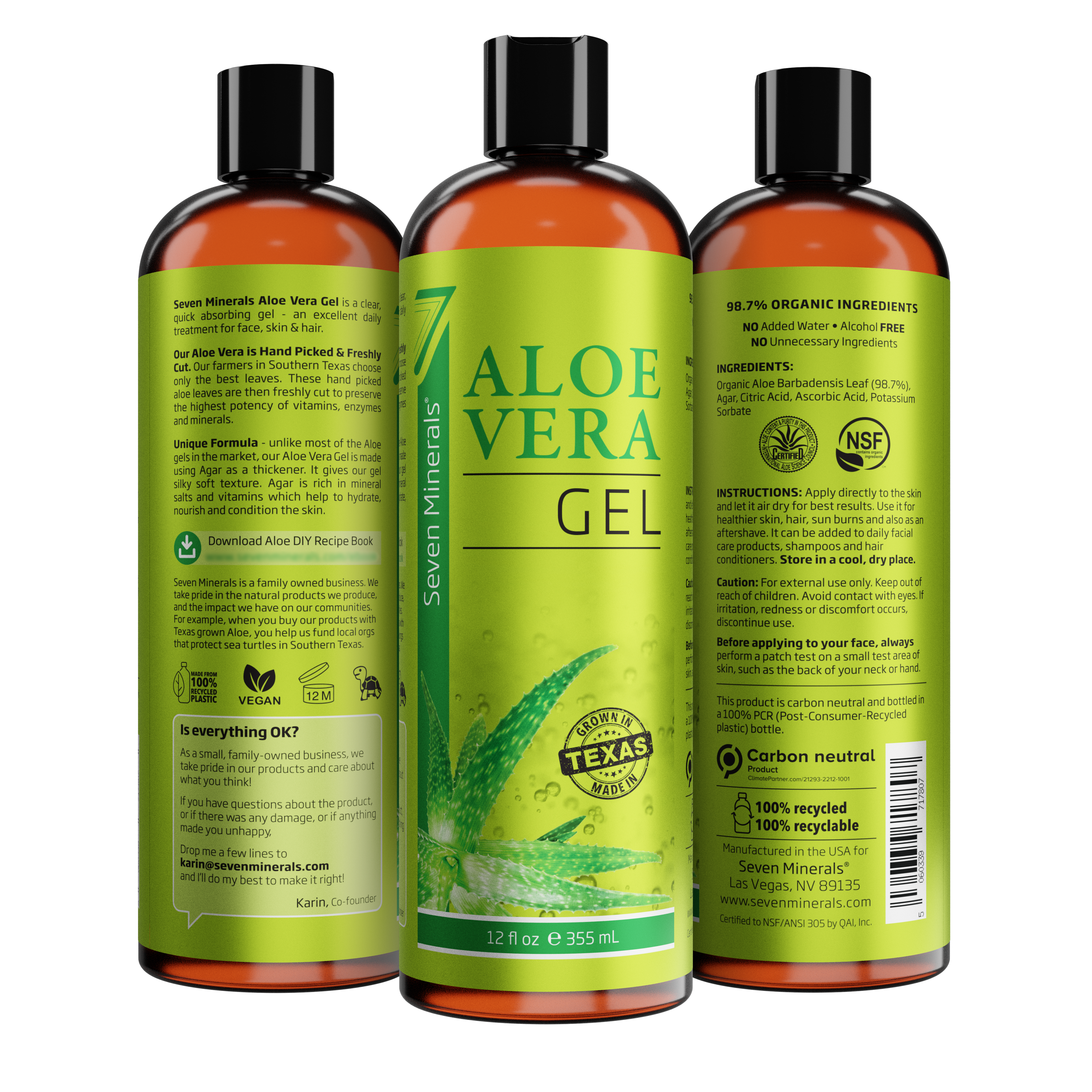 Aloe Vera Gel - 98.7% Organic - from Freshly Cut Texas Grown Aloe - Big 12 fl oz