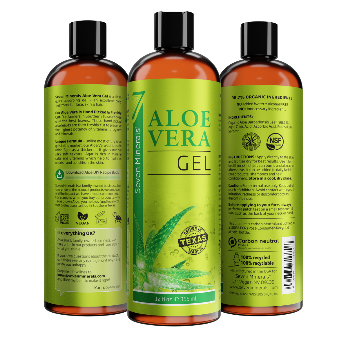 Aloe Vera Gel - 98.7% Organic - with Freshly Cut Texas Grown Aloe - Big 12 fl oz