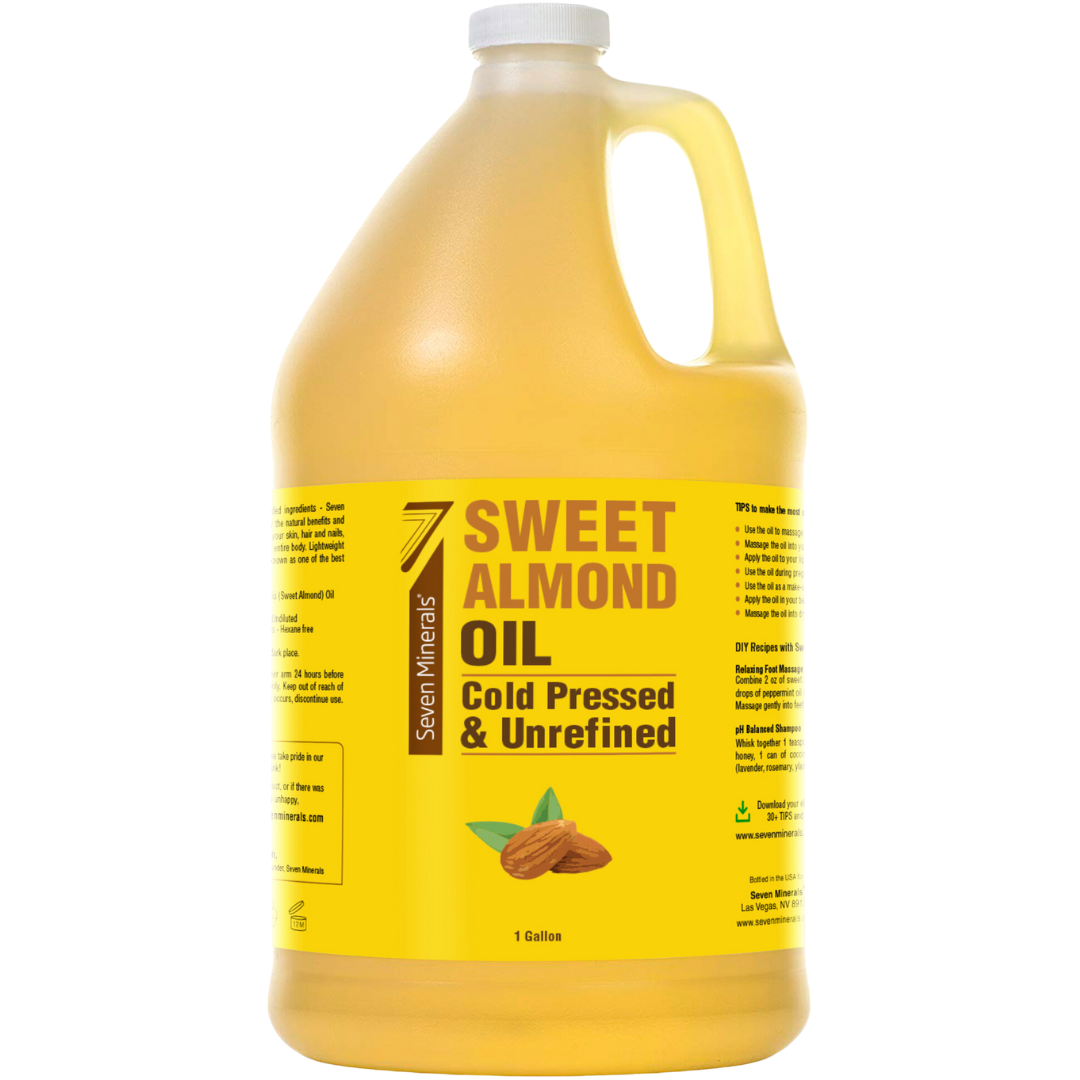Seven Minerals, Pure Cold Pressed Sweet Almond Oil - 1 Gallon - Unrefined & 100% Natural For Skin & Hair, with No Added Ingredients - Perfect Seven Minerals, Pure Cold Pressed Sweet Almond Oil - 1 Gallon - Unrefined & 100% Natural For Skin & Hair, with No Added Ingredients - Perfect
