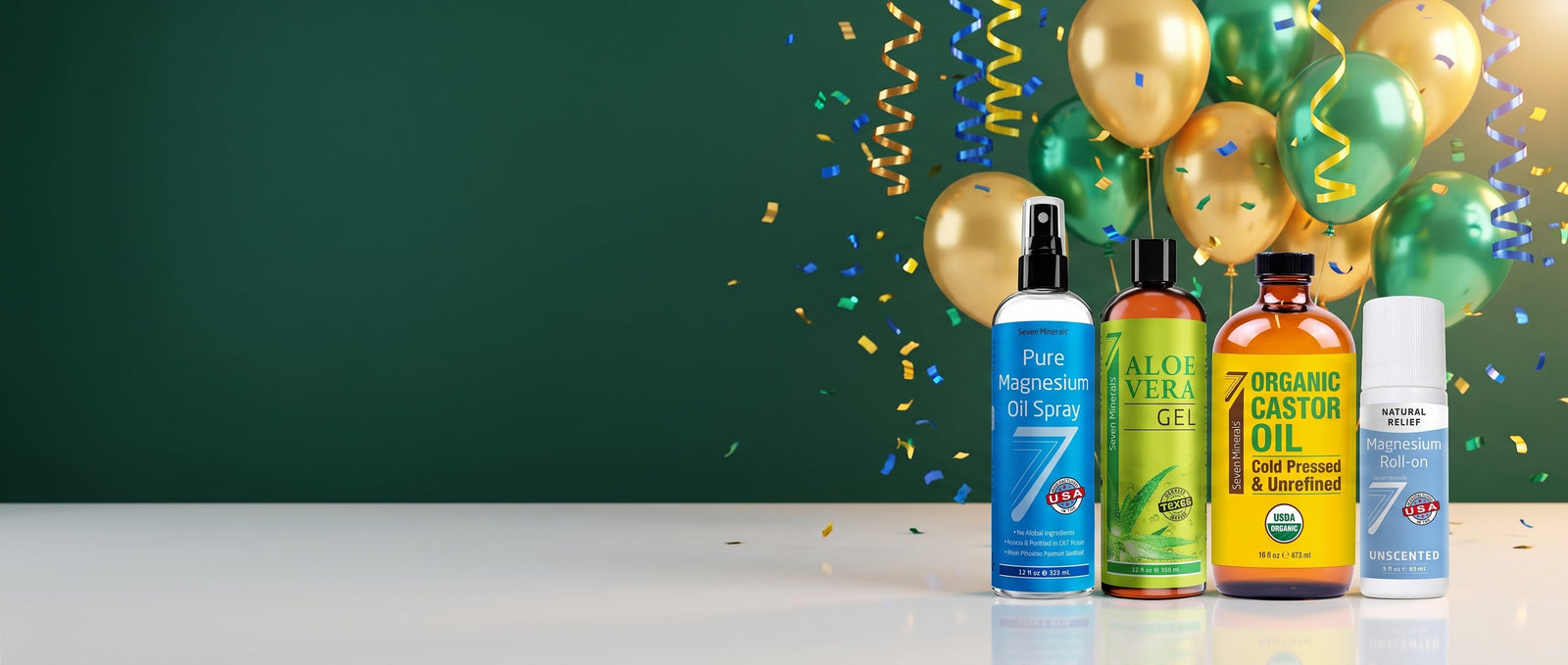 Seven Minerals Magnesium Oil, Aloe Vera Gel, Castor Oil and Magnesium Roll-On with balloons, streamers and confetti