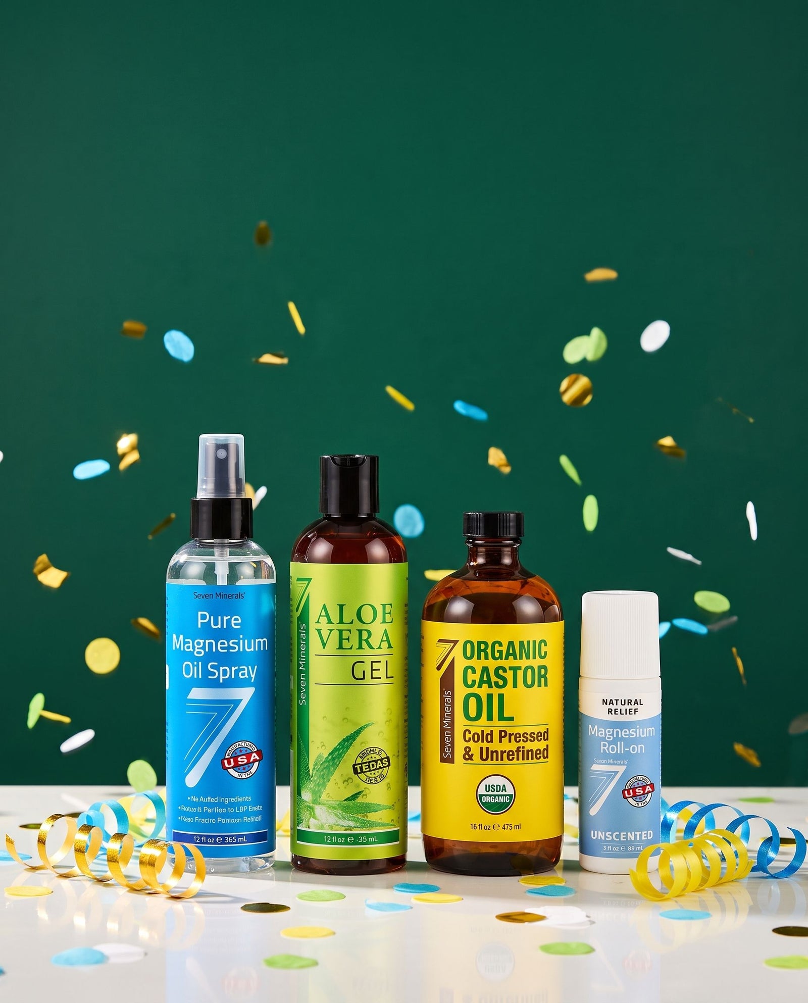 Seven Minerals Magnesium Oil, Aloe Vera Gel, Castor Oil and Magnesium Roll-On with streamers and confetti