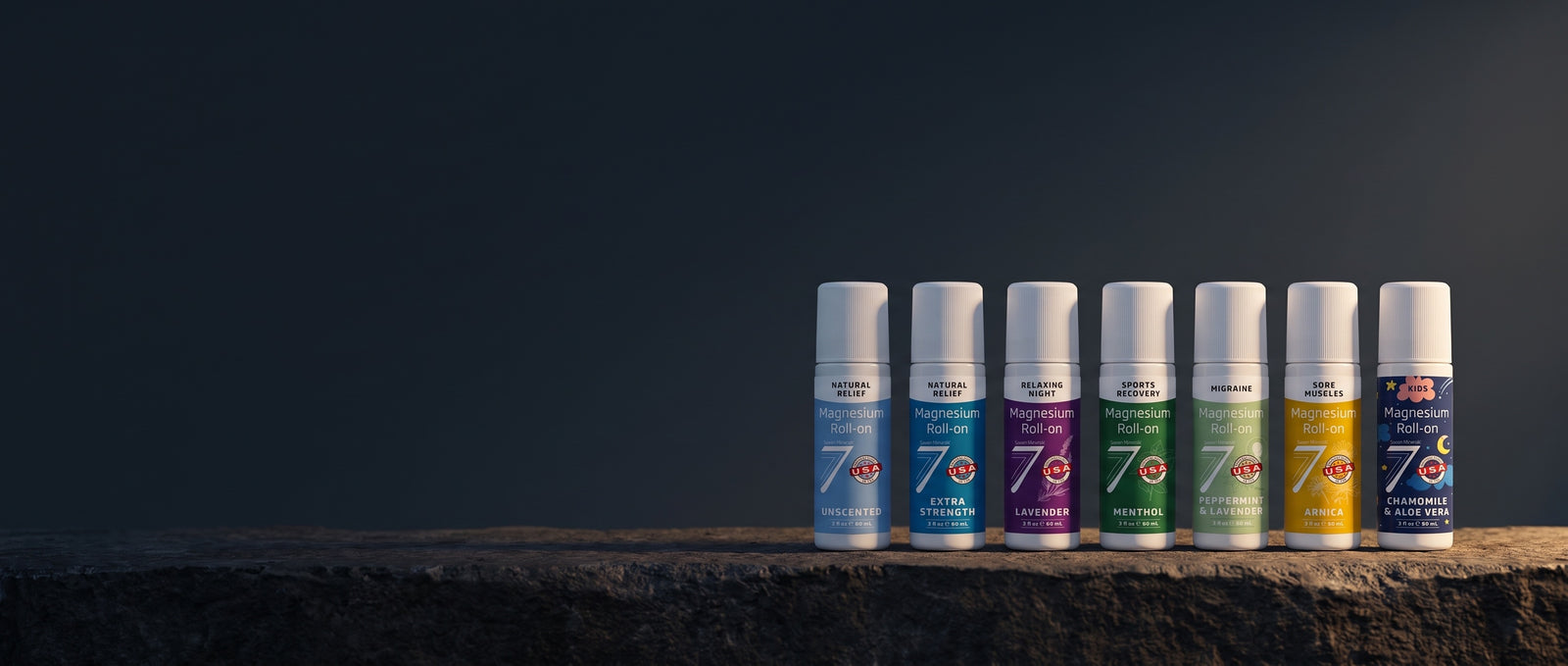 All seven Seven Minerals magnesium roll-on sticks: unscented, extra strength, lavender, menthol, peppermint and lavender, arnica and kids