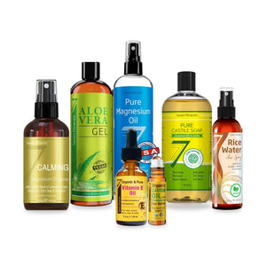 The Big 7 Anniversary Bundle: Seven Minerals Pure Magnesium Oil, Aloe Vera Gel, Calming Magnesium Spray, Pure Castile Soap, Rice Water Spray, Vitamin E Oil and Castor Oil Eye Roller