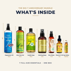 What's inside The Big 7 Anniversary Bundle: Magnesium Oil 12 oz, Aloe Vera Gel 12 oz, Castile Soap 16 oz, Calming Spray 4 oz, Rice Water 4 oz, Vitamin E Oil 1 oz, Eye Roller 0.33 oz