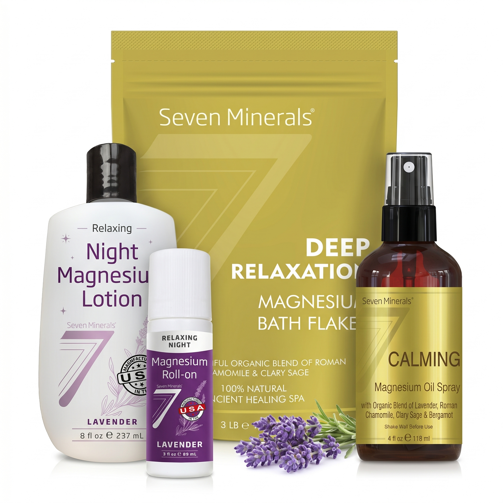 Seven Minerals Whole-Body Calm Kit — Deep Relaxation bath flakes, Calming magnesium oil spray, Relaxing Night magnesium lotion, and lavender magnesium roll-on