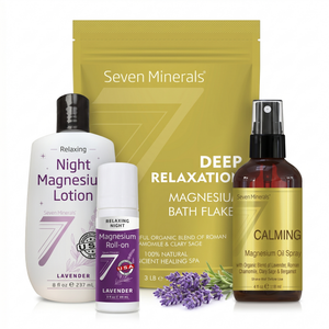 Seven Minerals Whole-Body Calm Kit — Deep Relaxation bath flakes, Calming magnesium oil spray, Relaxing Night magnesium lotion, and lavender magnesium roll-on