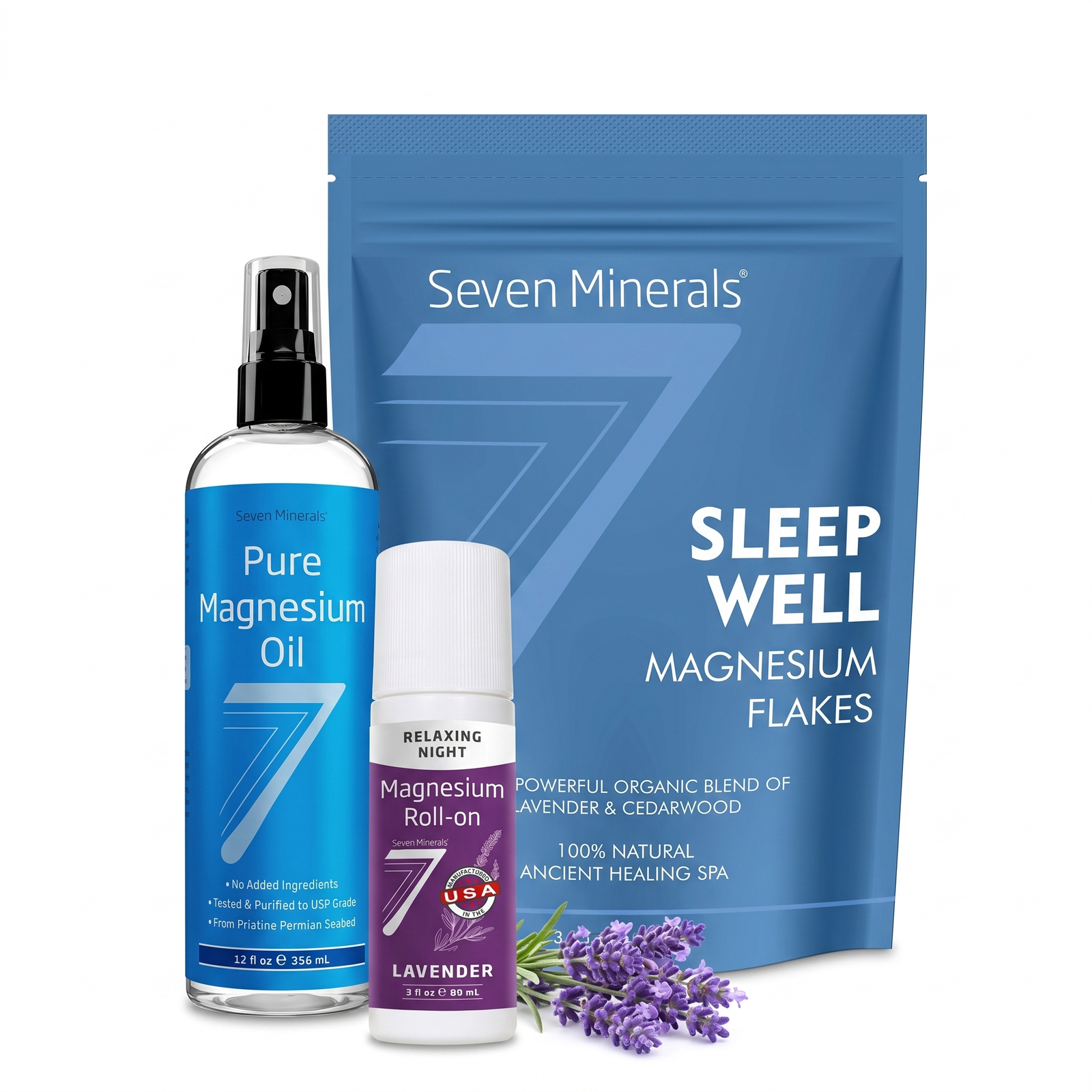 Sleep Reset Kit — Pure Magnesium Oil, Sleep Well Magnesium Flakes, and Lavender Magnesium Roll-On