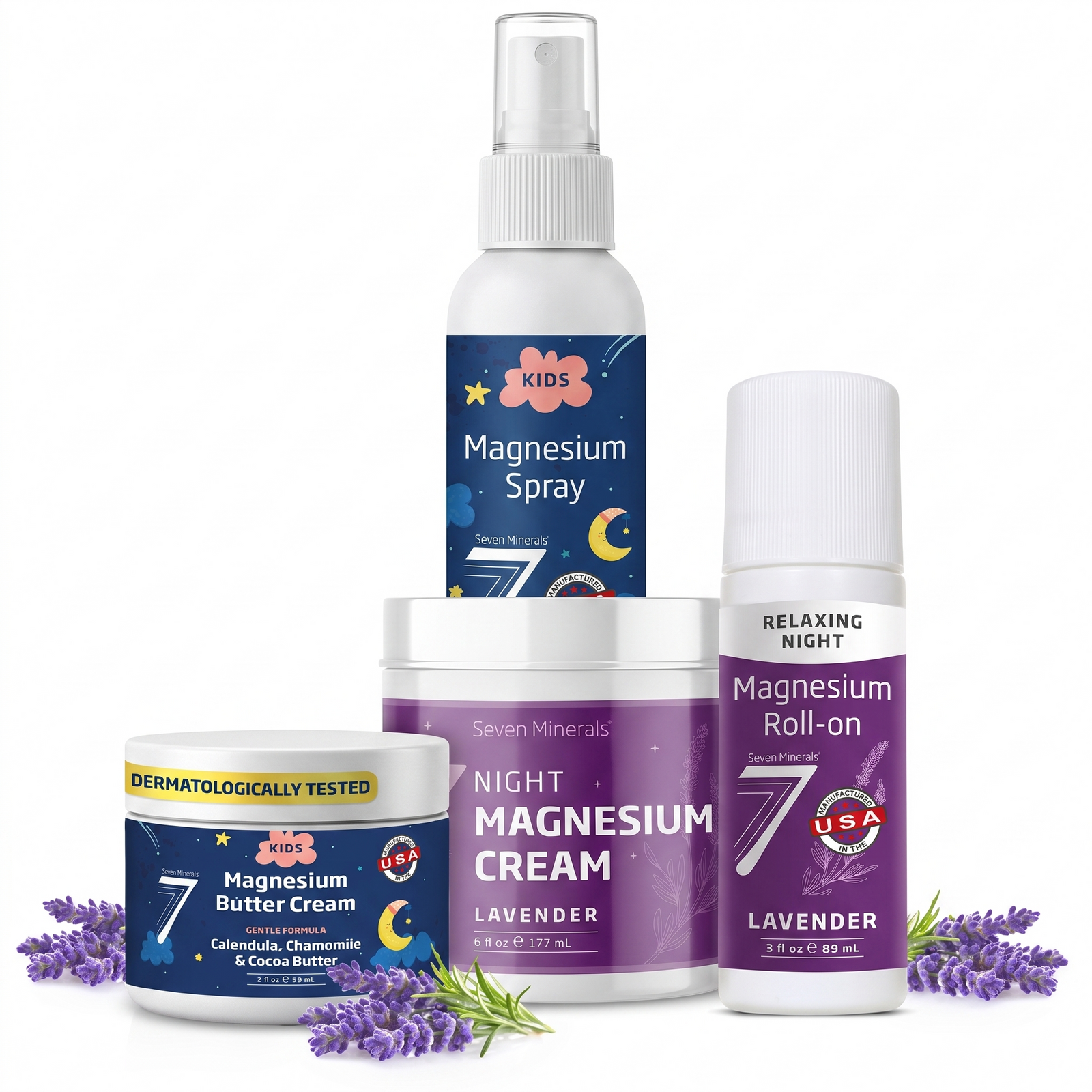 Kids and Lavender Bedtime Bundle — Kids Magnesium Spray, Kids Butter Cream, Lavender Night Cream, Lavender Roll-On