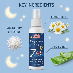 Kids Magnesium Spray key ingredients: magnesium chloride, chamomile, aloe vera