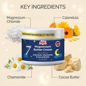 Kids Magnesium Butter Cream key ingredients: magnesium chloride, calendula, chamomile, cocoa butter