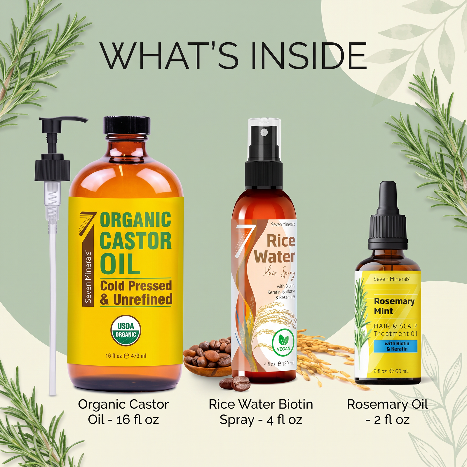 Hair Growth Ritual Kit — USDA Organic Castor Oil, Rosemary Oil, Rice Water Biotin Spray