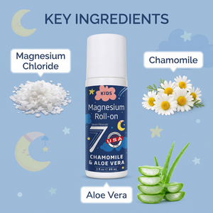 Kids Magnesium Roll-On key ingredients: magnesium chloride, chamomile, aloe vera