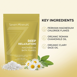 Key ingredients in DEEP RELAXATION Magnesium Bath Flakes: Permian magnesium chloride flakes, organic Roman chamomile oil, organic clary sage oil