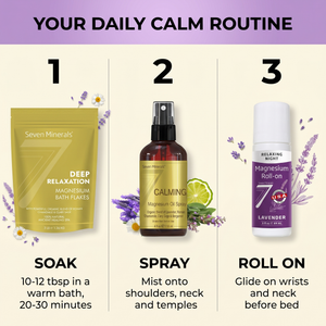 Your daily calm routine: soak with magnesium bath flakes, mist with calming magnesium spray, roll on lavender magnesium before bed