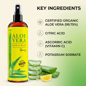 Key ingredients in Aloe Vera Skin & Body Spray: certified organic aloe vera 99.75%, citric acid, ascorbic acid, potassium sorbate