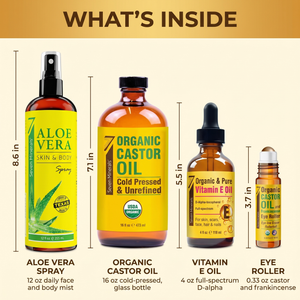 What's inside the Fine Lines & Firmness Kit: Aloe Vera Spray 12 oz, Organic Castor Oil 16 oz, Vitamin E Oil 4 oz and Castor & Frankincense Eye Roller, shown true to size