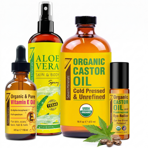 Seven Minerals Fine Lines & Firmness Kit — Aloe Vera Skin & Body Spray 12 oz, Organic Castor Oil 16 oz, Ultra Pure Vitamin E Oil 4 oz and Castor & Frankincense Eye Roller grouped together