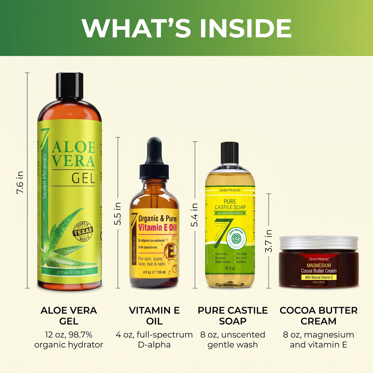 What's inside the Dry Skin Rescue Kit: Aloe Vera Gel 12 oz, Vitamin E Oil 4 oz, Pure Castile Soap 8 oz and Magnesium Cocoa Butter Cream 8 oz, shown true to size