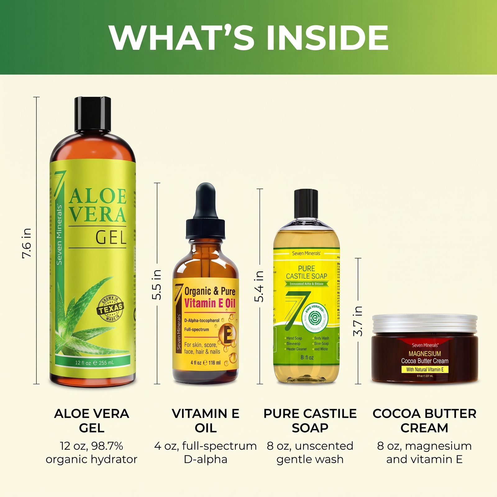 Seven Minerals Dry Skin Rescue Kit — Aloe Vera Gel 12 oz, Ultra Pure Vitamin E Oil 4 oz, Pure Castile Soap 8 oz and Magnesium Cocoa Butter Cream 8 oz grouped together