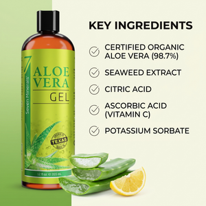 Key ingredients in Seven Minerals Aloe Vera Gel: certified organic aloe vera 98.7%, seaweed extract, citric acid, ascorbic acid, potassium sorbate
