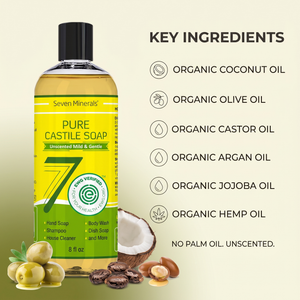 Key ingredients in Pure Castile Soap: organic coconut, olive, castor, argan, jojoba and hemp oils. No palm oil, unscented