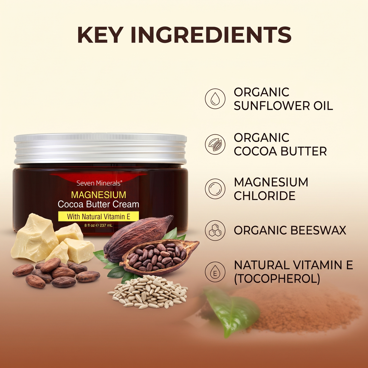 Key ingredients in Magnesium Cocoa Butter Cream: organic sunflower oil, organic cocoa butter, magnesium chloride, organic beeswax, natural vitamin E