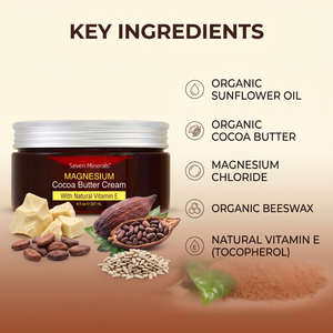 Key ingredients in Magnesium Cocoa Butter Cream: organic sunflower oil, organic cocoa butter, magnesium chloride, organic beeswax, natural vitamin E