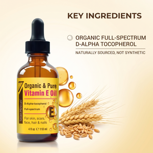 Key ingredient in Ultra Pure Vitamin E Oil: organic full-spectrum D-alpha tocopherol, naturally sourced not synthetic