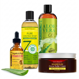 Seven Minerals Dry Skin Rescue Kit — Aloe Vera Gel 12 oz, Ultra Pure Vitamin E Oil 4 oz, Pure Castile Soap 8 oz and Magnesium Cocoa Butter Cream 8 oz grouped together