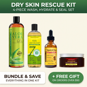 Dry Skin Rescue Kit, a 4-piece wash, hydrate and seal set — bundle and save, everything in one kit, plus a free gift on orders over $50