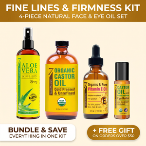 Fine Lines & Firmness Kit, a 4-piece natural face and eye oil set — bundle and save, everything in one kit, plus a free gift on orders over $50