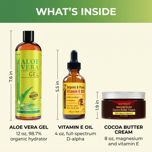 What's inside the Dry Skin Essentials Kit: Aloe Vera Gel 12 oz, Vitamin E Oil 4 oz and Magnesium Cocoa Butter Cream 8 oz, shown true to size