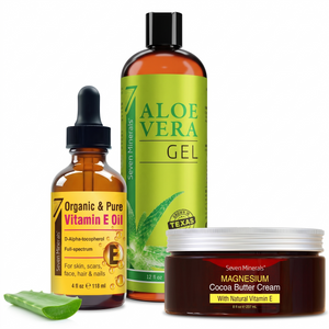 Seven Minerals Dry Skin Essentials Kit — Aloe Vera Gel 12 oz, Ultra Pure Vitamin E Oil 4 oz and Magnesium Cocoa Butter Cream 8 oz grouped together