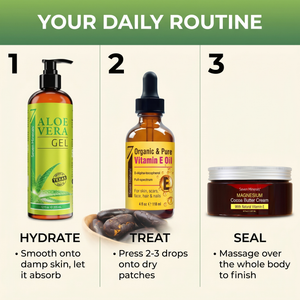 Your daily routine: hydrate with aloe vera gel, treat with vitamin E oil, seal with magnesium cocoa butter cream