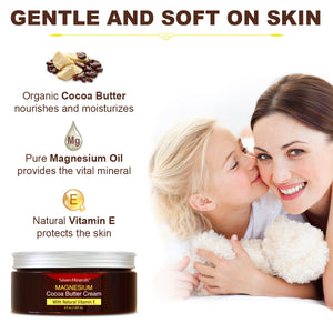 Magnesium Cocoa Butter Cream is gentle and soft on skin — organic cocoa butter, pure magnesium oil and natural vitamin E