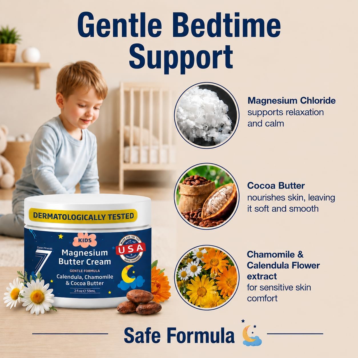 Kids Magnesium Butter Cream, 2 oz — dermatologically tested, gentle formula with calendula, chamomile & cocoa butter