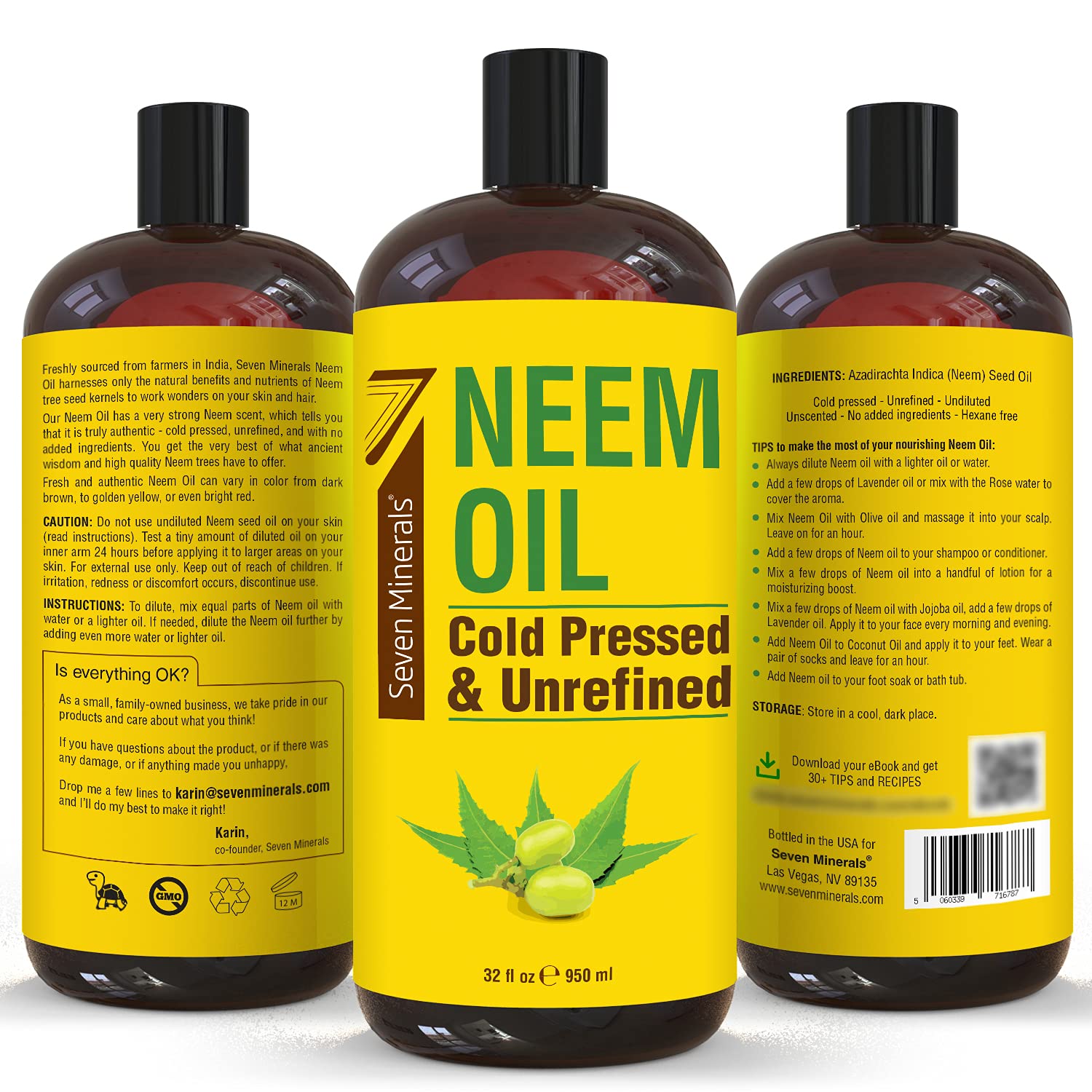 Pure Cold Pressed Neem Oil - Big 32 fl oz Bottle - Non-GMO, Hexane Free, 100% Pure Neem Oil for Plants Spray, Skincare, & Haircare. Treats Dry Skin, Wrinkles, & Promotes Healthy Hair Growth