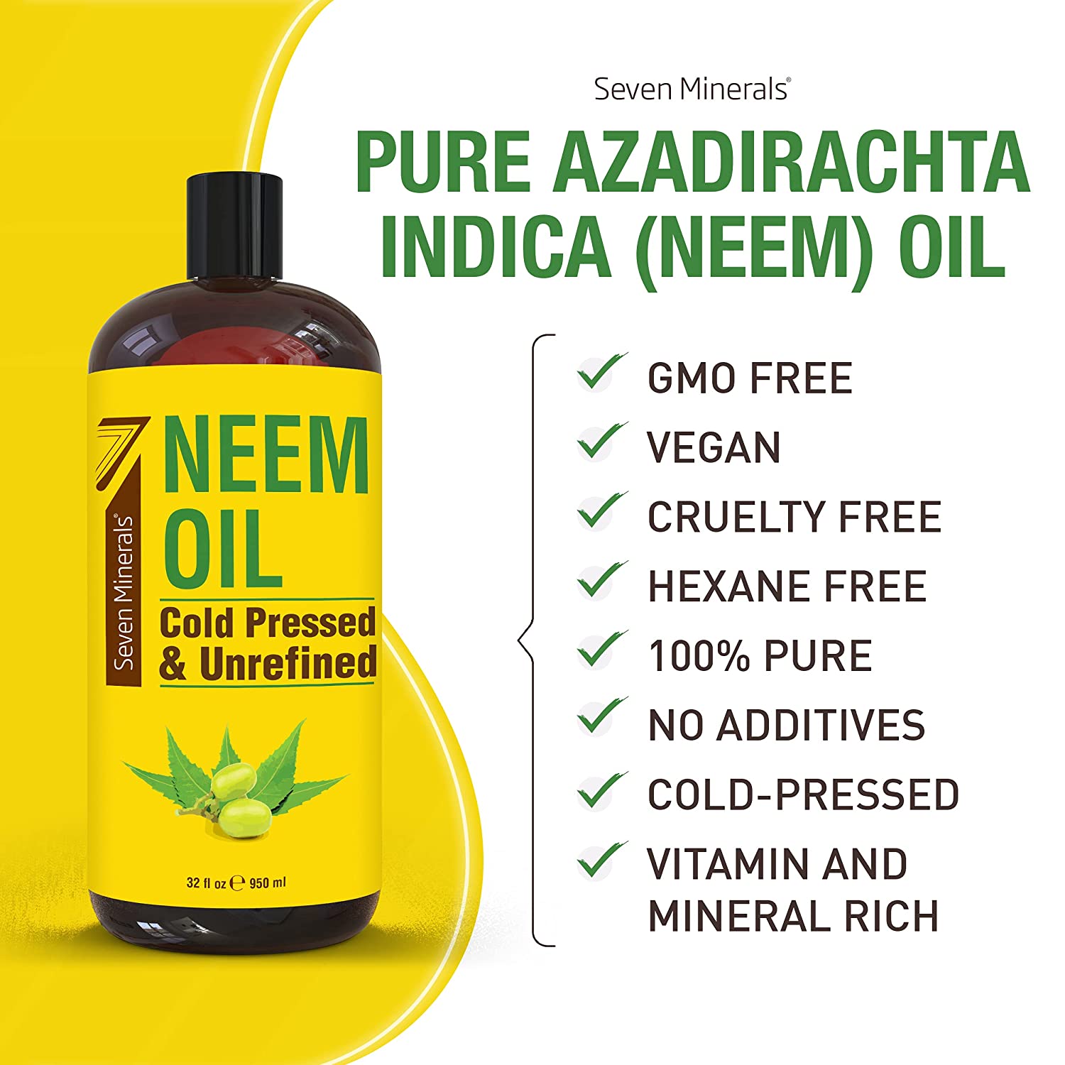 Pure Cold Pressed Neem Oil - Big 32 fl oz Bottle - Non-GMO, Hexane Free, 100% Pure Neem Oil for Plants Spray, Skincare, & Haircare. Treats Dry Skin, Wrinkles, & Promotes Healthy Hair Growth