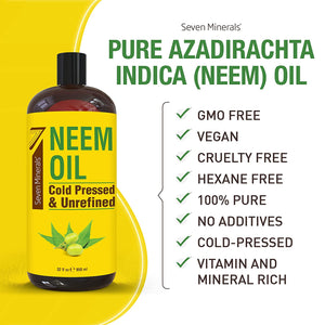 Pure Cold Pressed Neem Oil - Big 32 fl oz Bottle - Non-GMO, Hexane Free, 100% Pure Neem Oil for Plants Spray, Skincare, & Haircare. Treats Dry Skin, Wrinkles, & Promotes Healthy Hair Growth