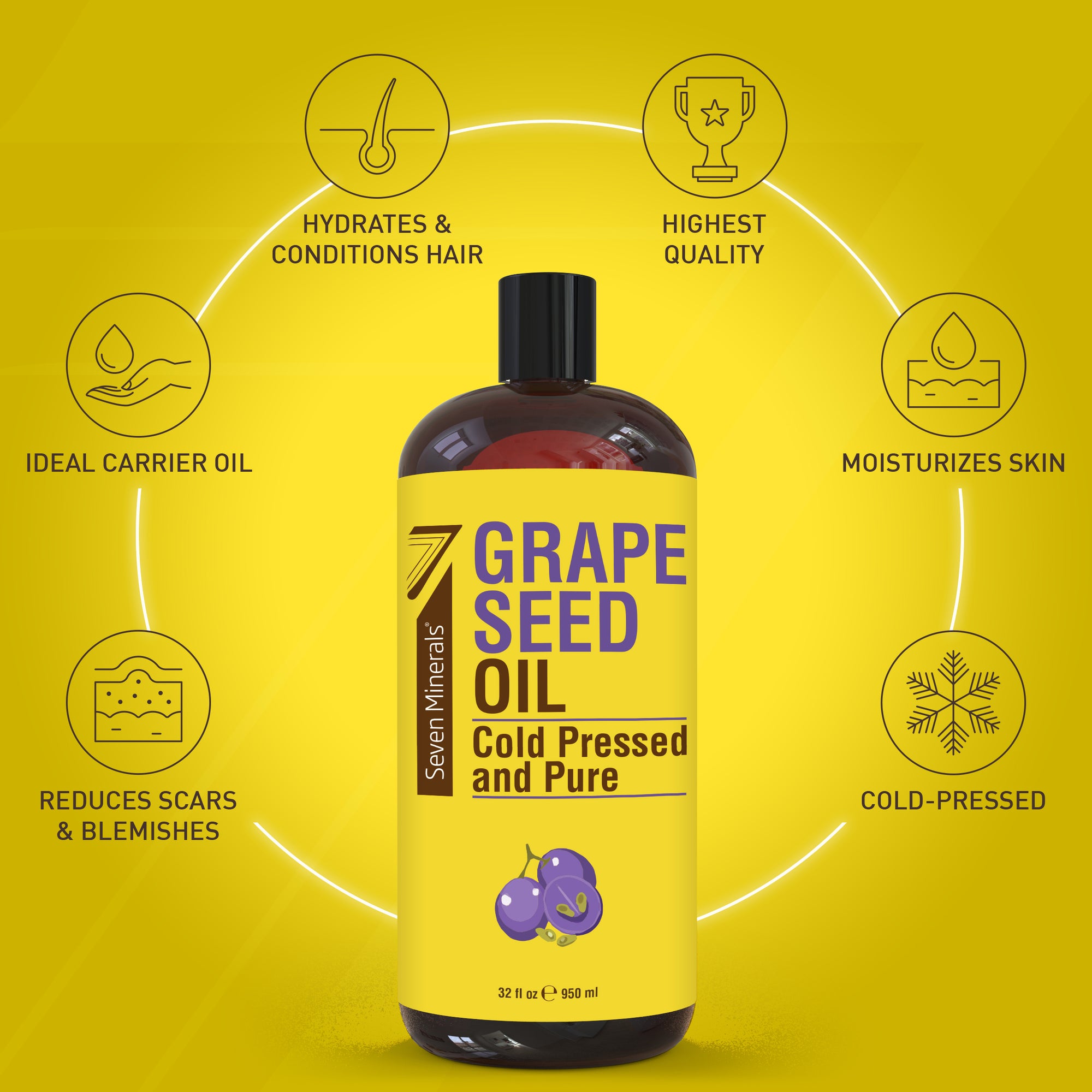 Pure Cold Pressed Grapeseed Oil - Big 32 fl oz Bottle - Non-GMO, Hexan - Seven Minerals Pure Cold Pressed Grapeseed Oil - Big 32 fl oz Bottle - Non-GMO, Hexan - Seven Minerals