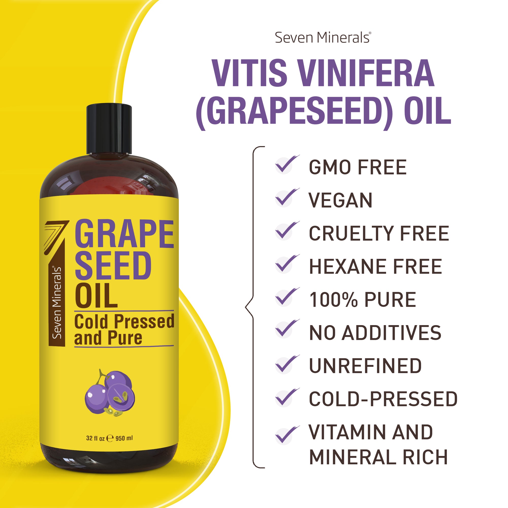 Pure Cold Pressed Grapeseed Oil - Big 32 fl oz Bottle - Non-GMO, Hexan - Seven Minerals Pure Cold Pressed Grapeseed Oil - Big 32 fl oz Bottle - Non-GMO, Hexan - Seven Minerals